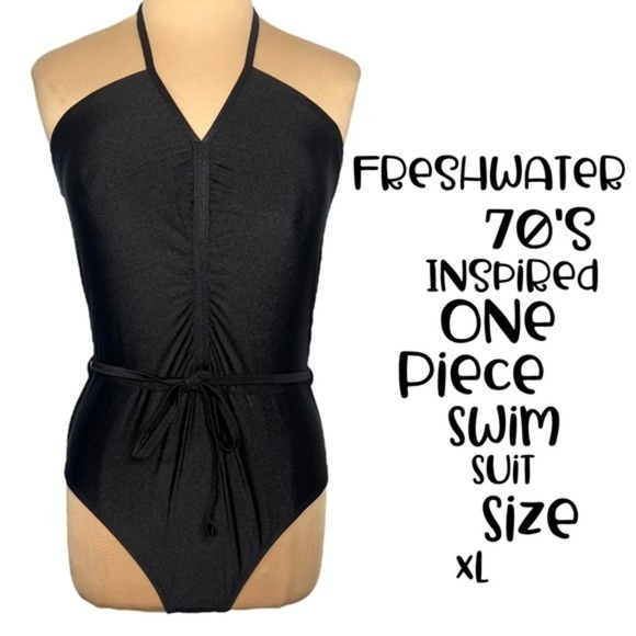 Freshwater 70's retro inspired Ruched Front-Tie One-Piece Swimsuit black - Picture 1 of 5